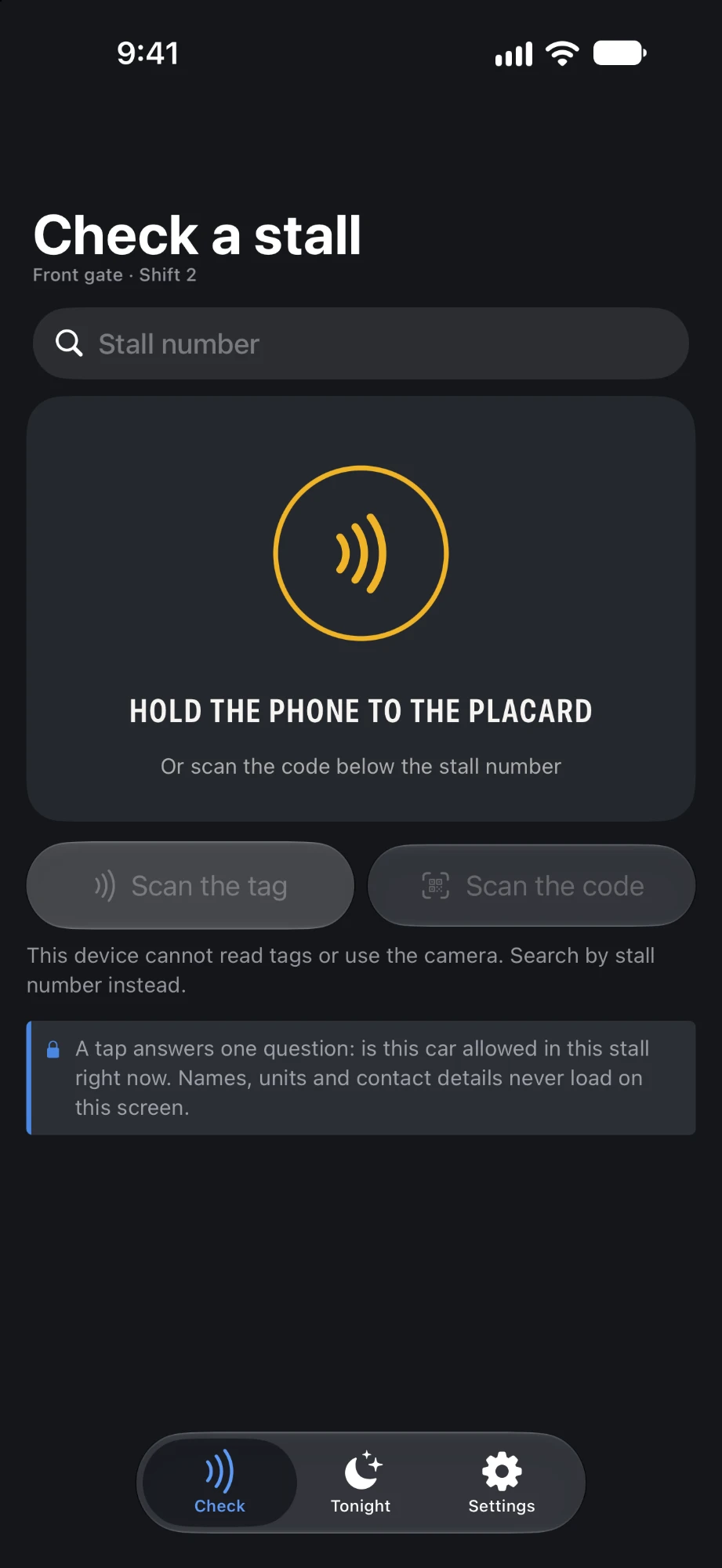 The gate's Check a stall screen: hold the phone to the placard, or scan the code.