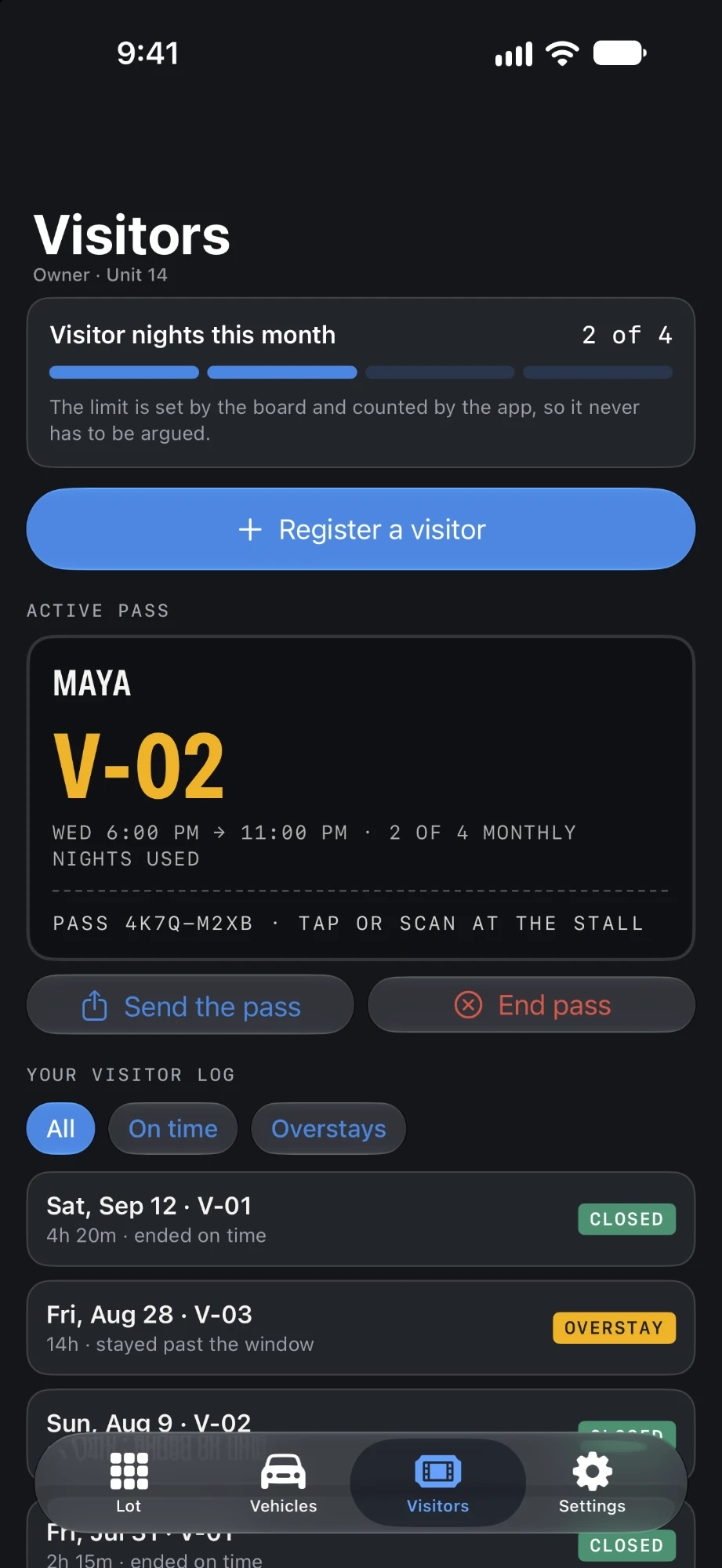 The owner's Visitors screen: visitor nights used this month, an active pass, and the visitor log.
